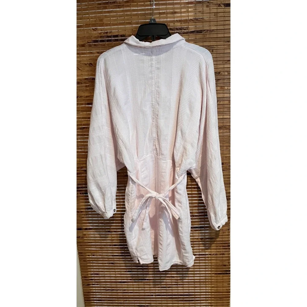Free‎ People Pink Textured Button Front Mini Dress Side Tie Long Sleeve Medium